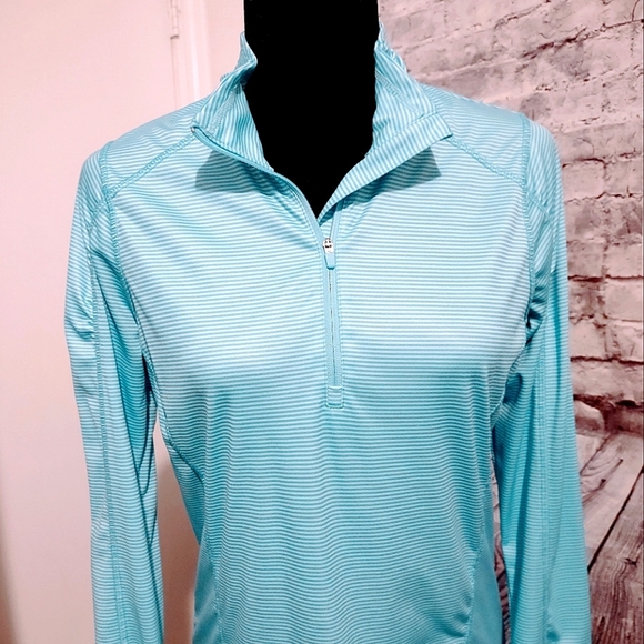 DANSKIN SEMI FITTED TURQUOISE AND WHITE PINSTRIPE ATHLETIC TOP WOMEN'S SIZE L - Picture 4 of 9